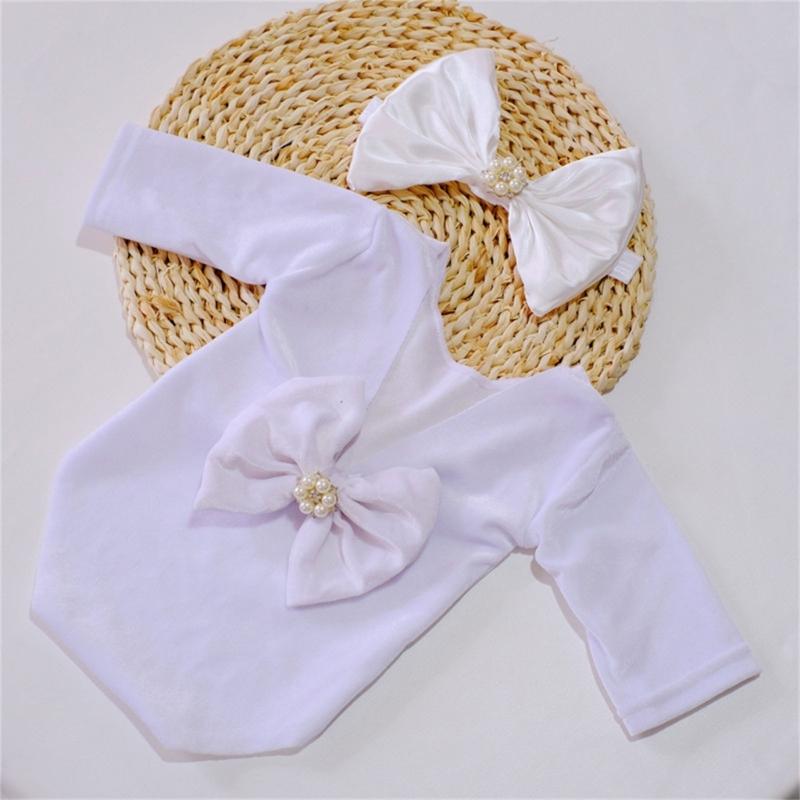 Baby Girls Photo Clothes Long Sleeve Jumpsuit Newborn Costume OnePiece Romper Bowknot Headband Infant Photo Outfit 2pcs