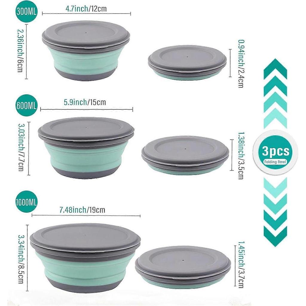 Collapsible Bowls, 3pcs Food Grade Silicone Camping Bowl Salad Bowl with lids, Portable Expandable Lunch Box Food Storage Container for Camping Travel