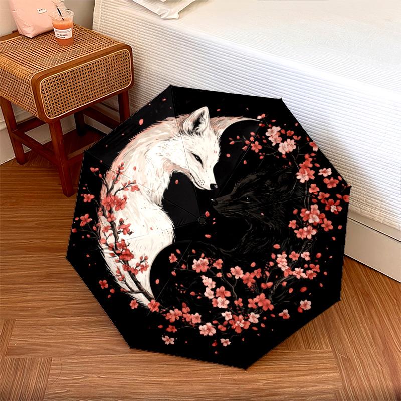 0106 Cherry Blossom Fox Pattern, Automatic Folding Umbrella, Portable and Foldable Design, 8 Ribs, a Christmas or Birthday Gift.
