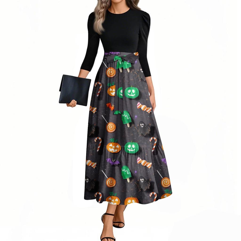 Women's Fashion Casual Belted Three-quarter Sleeve Round Neck Halloween Printed Elegant Temperament Dresses