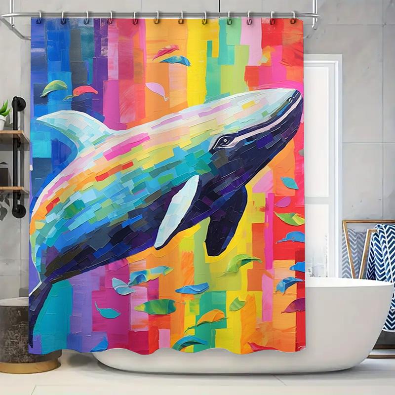

Vibrant Ocean Whale Shower Curtain Blue Whale Pattern Home Decor Watercolor Wall Art Print Bath Rug Cover Waterproof Fabric Bath 90x180cm