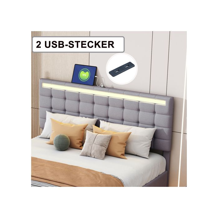 Lit capitonné - MUVOE - 160x200 cm - Éclairage LED - Tissu en lin - Design moderne