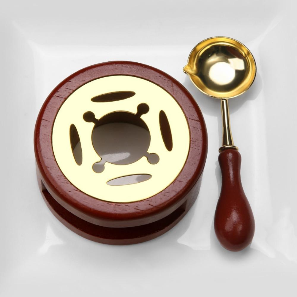 Solid Wood Wax Seal Set Vintage with Handle Wax Bead Melting Heater with Spoon Heating Stove Wax Melting Furnace for 2/3 Pcs