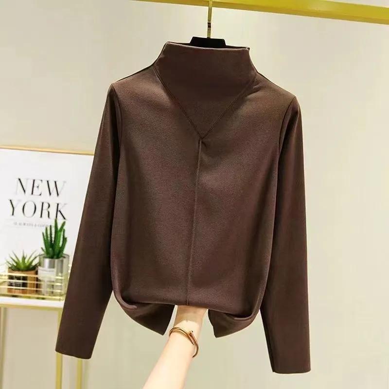 Autumn Winter Women's Velvet Half-High Collar Slim Long-Sleeve Thick Heat Storage Top