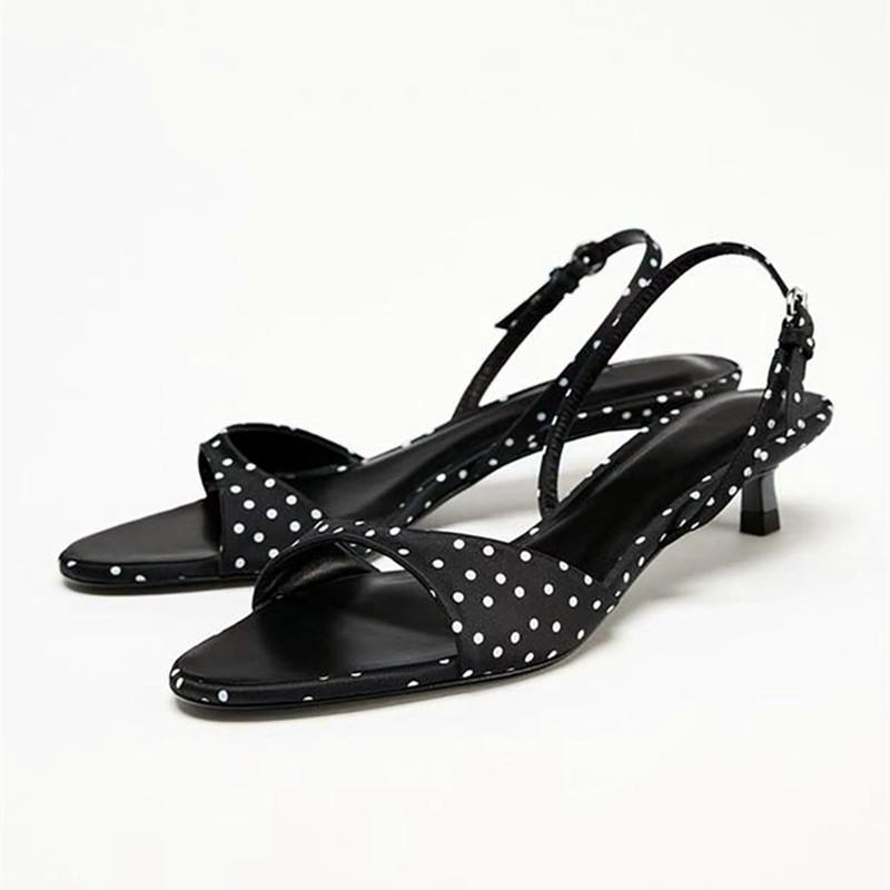Fashion Fashion Polka Dot Kitten Heel Design Sandals Women High Quality Satin Back Strap Buckle Heels Sandal Comfort Elegant Dress Shoes
