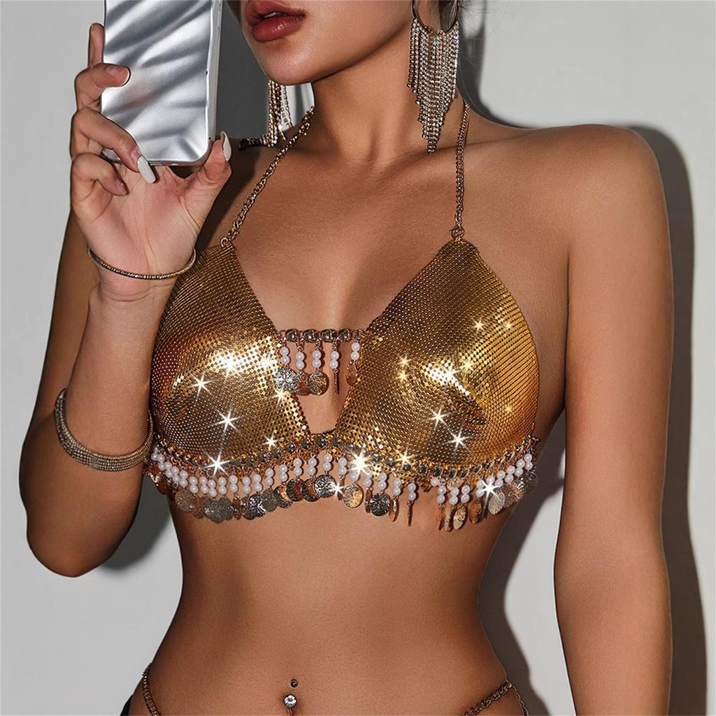 Top sutien sexy cu umerii goi pentru femei cu ciucuri metalici și paiete