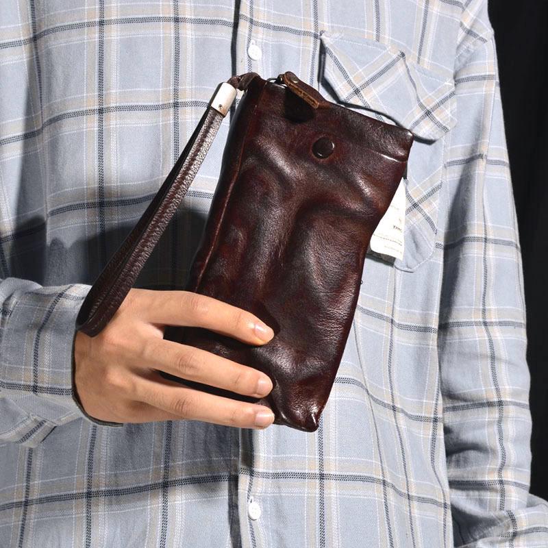 Retro Pleated Genuine Leather Long Wallet with Card Slots and Bill Compartments