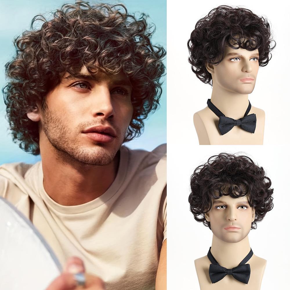 

European and American Style Men’s Short Curly Wig Natural Look Fluffy Synthetic Full Cap Wig коричневий