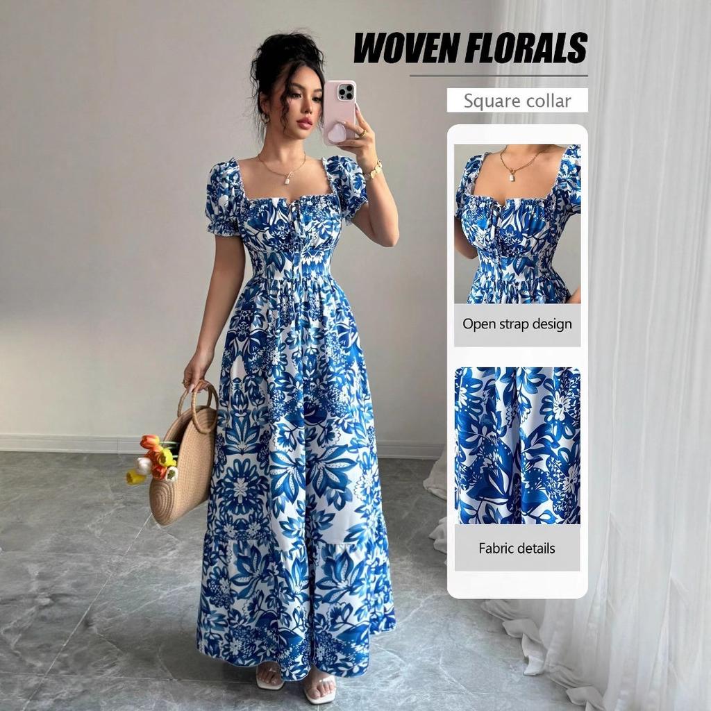 New printed puff-sleeved square neck lace-up waist elegant dress for women