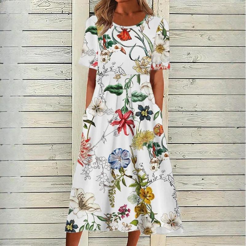 QICED Summer New Midi Women's Casual Round Neck Printed Swing Women's Dresses