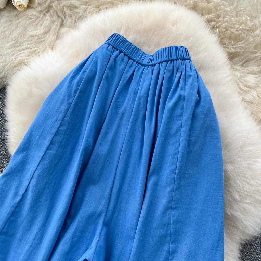 Summer Women Chic Boho Elastic Waist Wide Leg Ankle Length Pant Trouser With Pocket