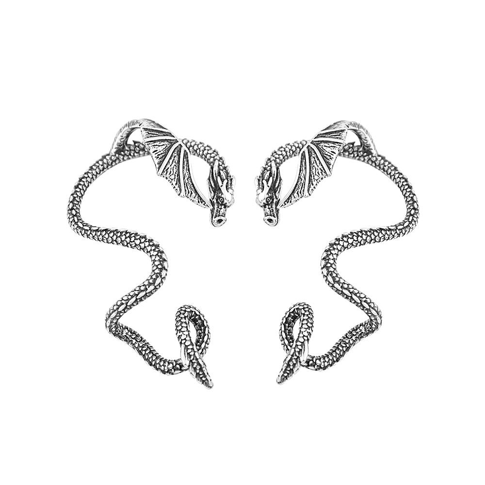 Retro Punk Viking Winged Dragon Stainless Steel Ear Wrap Flying Dragon Ouroboros Clip Earring Unisex Party Stylish Accessory