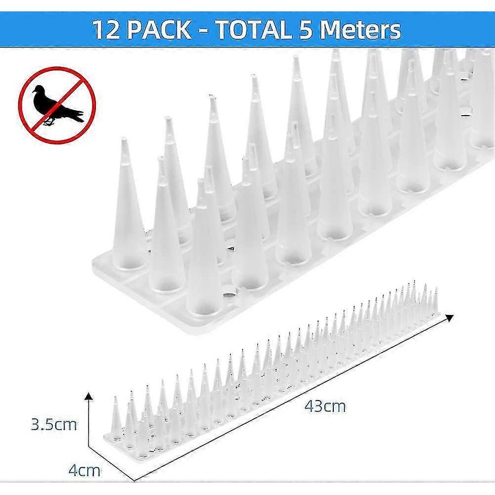 5 Meter Taubenspieße, 3 Reihen Kunststoff Taubenabwehr Vogelabwehr Krähenabwehr Katzenabwehr für Balkon, Zäune und Dach - Packung mit 12 (Weiß)