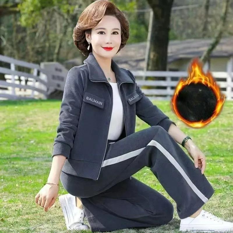 

Плюшевые утепленные женские осенне-зимние костюмы, свободные и стройнящие, спортивная одежда, скрывающая недостатки фигуры, женский модный костюм-двойка в западном стиле S сине серый