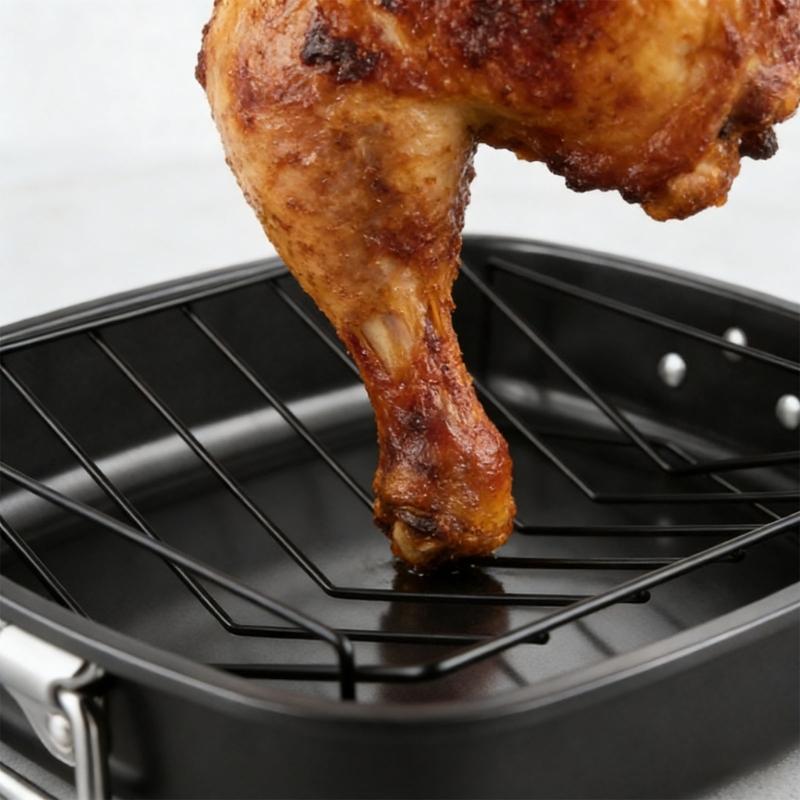 Heavy Duty Roasting Pan 17Inch Carbon Steel Baking Tray with V-Shape Grill Roasting Rack Turkey Roaster Pan for Cooking