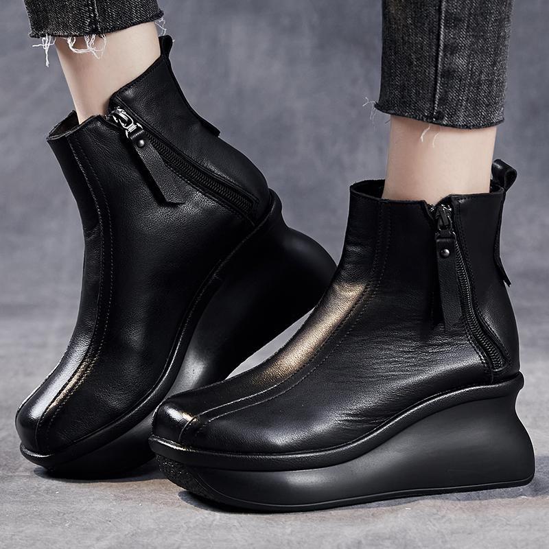 Fashion GKTINOO Genuine Leather Women Boots Retro Shoes 2025 New Autumn Winter Round Toe Double Zipper Handmade Concise Platform Boots