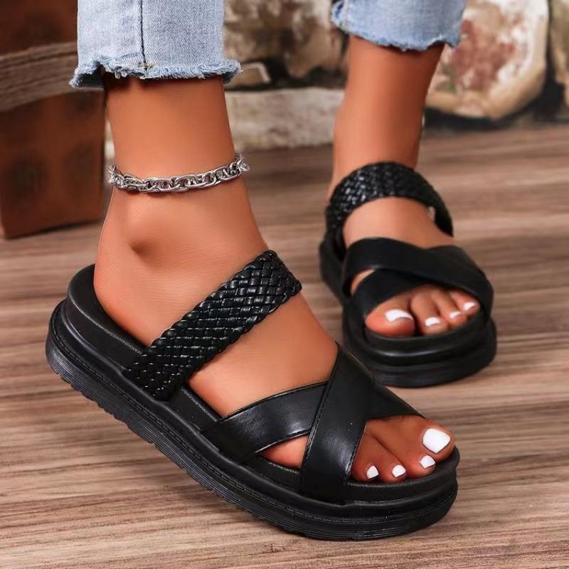 Large size women's shoes casual sandals new flat heel thick sole cross-woven women's cool slippers