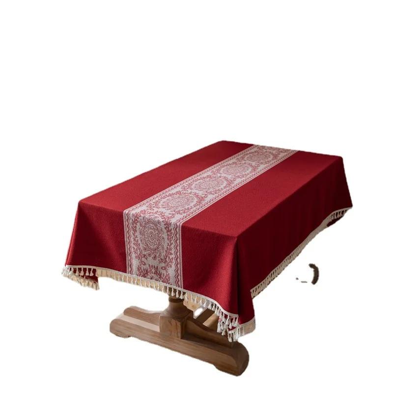 Fashion Vintage Tablecloth Tassel Red Color Jacquard Christmas Table Cloth Tablecloth End Table Mat Polyester Wedding Decoration