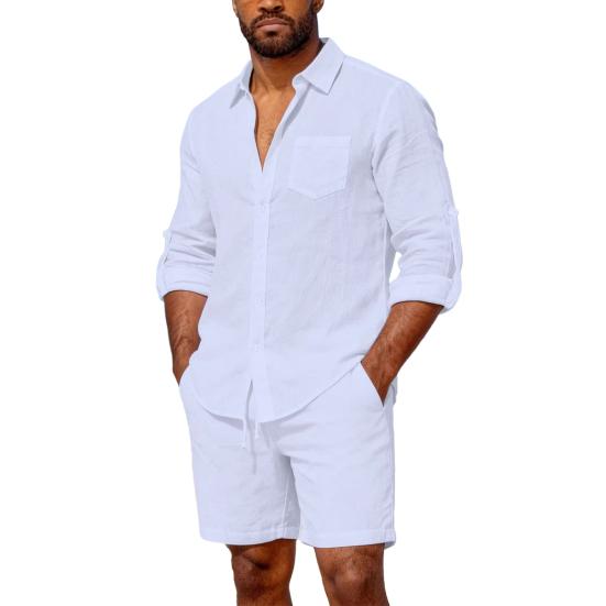 2 st/set Damtoppar och Shorts Set Lapel Långärmad Enkelknäppt Skjorttoppar Elastiska Mellanhöga Shorts Set Casual Tvådelat Set Strandkläder
