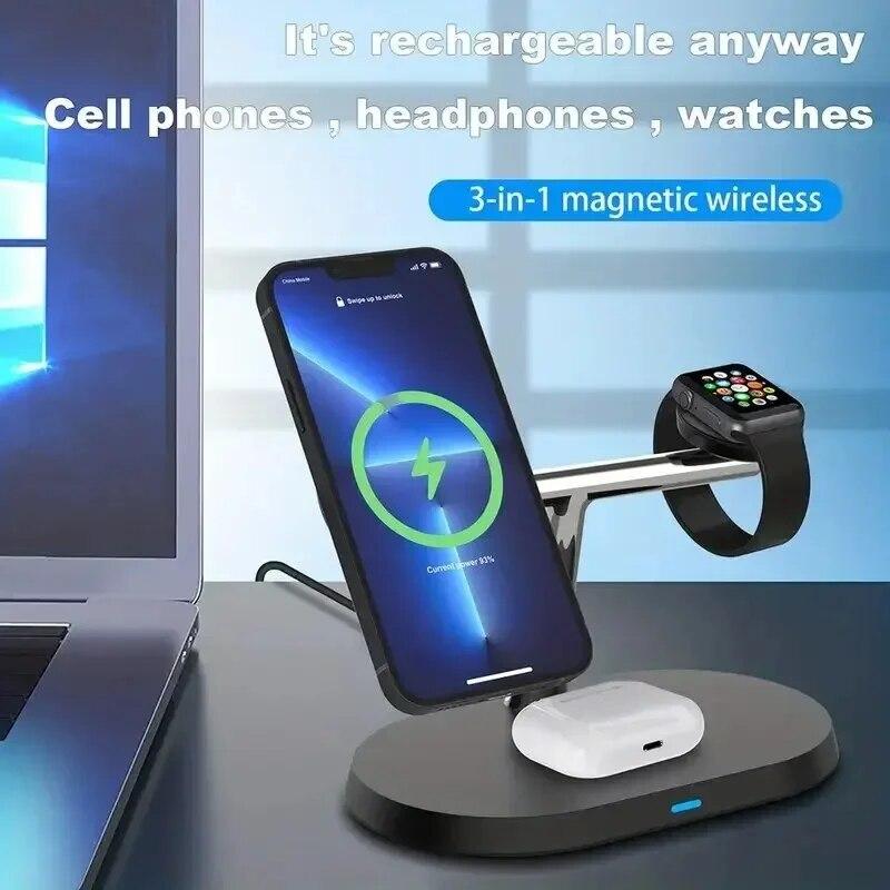 3 In 1 Magnetic Wireless Charger Station For iPhone 15 14 13 12 Pro Max Apple Watch 8 7 Airprods Pro Macsafe Fast Charging Stand