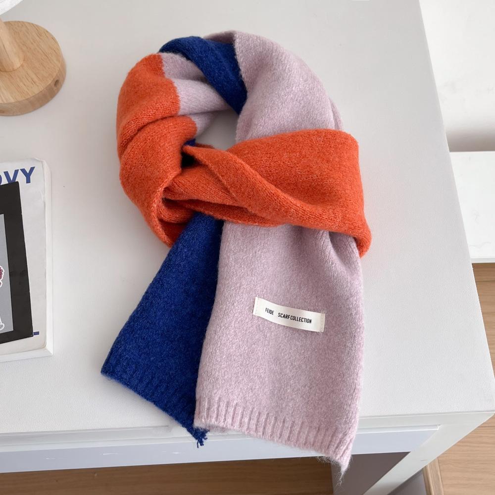 Winter New Three-color Color Matching Contrasting Scarf Women's Wool Knitted Warm Shawl Trendy Universal Scarf Men's Versatile