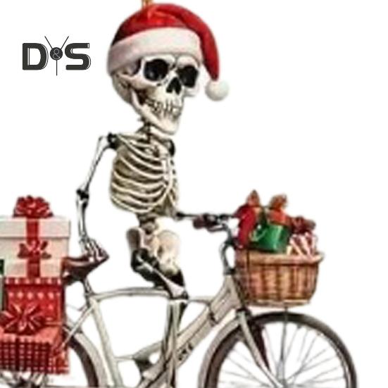 Weihnachts-Totenkopf-Ornament, Weihnachtsmütze, Skelett, Fahrradfahren, Acryl-Anhänger, Weihnachtsbaum-Hängedekoration für Innen- und Außendekoration