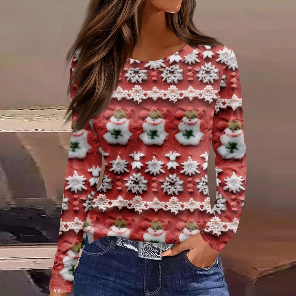 Women's Fashion Casual Slit Hem Round Neck Long Sleeve Loose  Printed T-Shirt Ladies Top