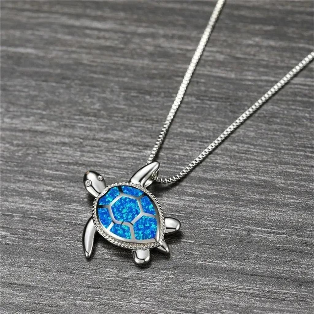 Bohemia Cute Turtle Pendant Necklace For Women Inlay Imitation Blue Opal Necklace Wedding Party  Christmas Gifts for Her