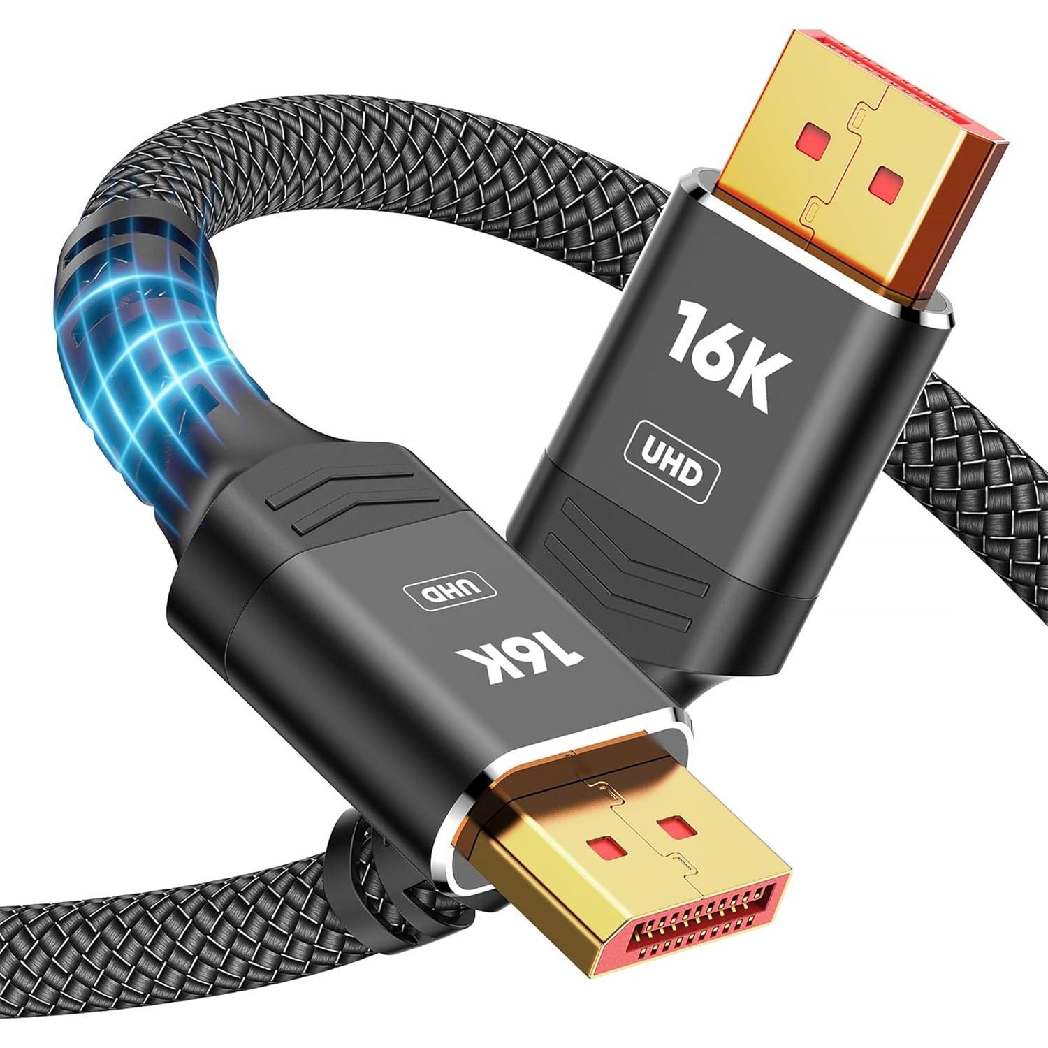 

Displayport Cable 2.1, 16K DP 2.0 Cable [16K@60Hz, 8K@120Hz, 4K@240Hz 165Hz 144Hz] 54Gbps, HDCP DSC 1.2a, HDR10 FreeSync G-Sync for 3090 Graphics PC 1M
