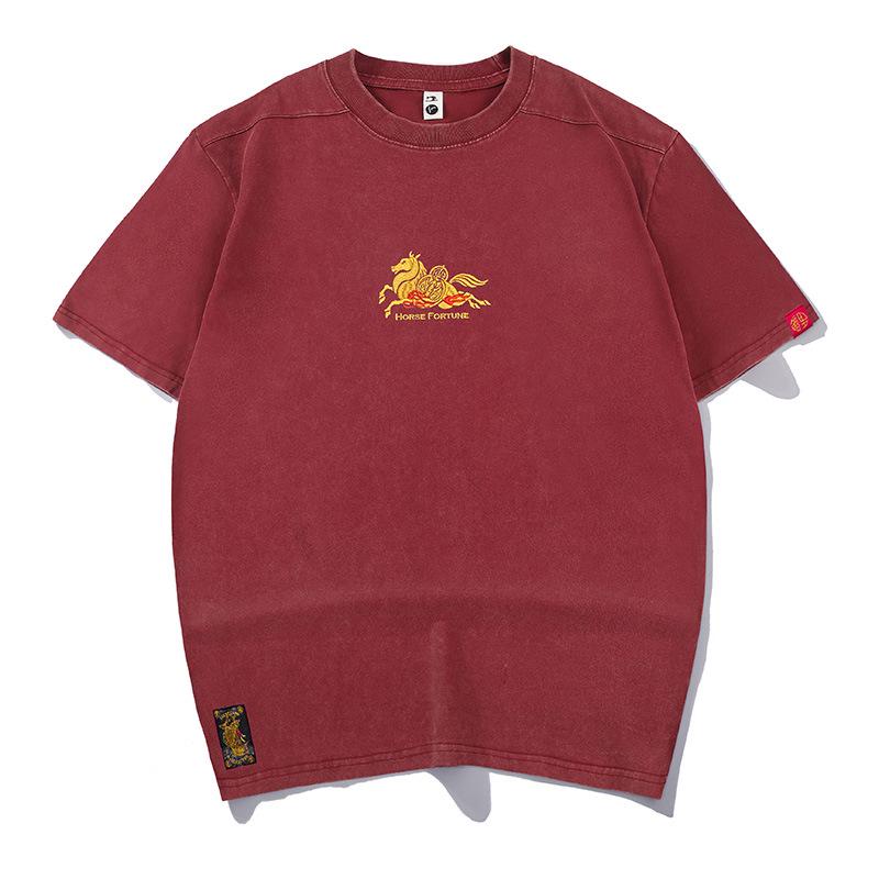 

Cross-border Year of the Horse National Tide Embroidered Round Neck Short Sleeve Trendy Heavyweight Loose Fit Chinese Style Men s Spring-Summer Tee 4XL (190-230 Jin) красный
