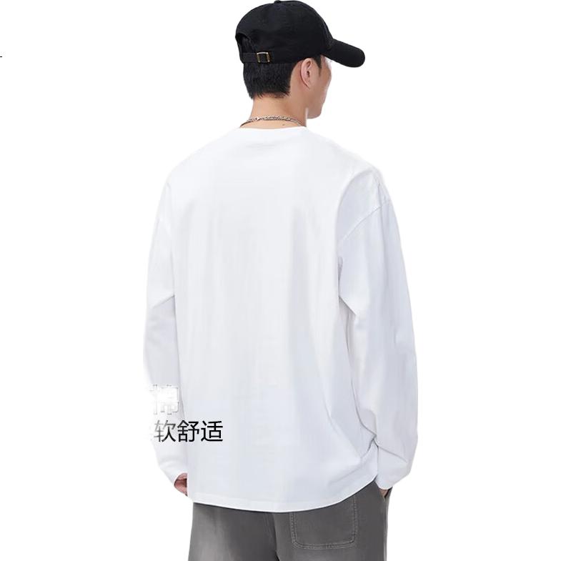 JEANSWEST Men's Long-Sleeve T-Shirt, 220g Heavyweight, Spring 2026 Trendy Round Neck Top, Loose-Fitting Long Tee for Men, White, Size M