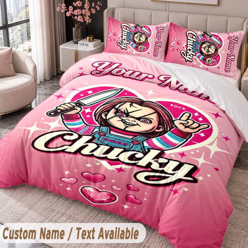 Benutzerdefinierter Name Text 3-teiliges Bettwäsche-Set Kinderspiel Chucky Tiffany Bettbezug und zwei Kissenbezüge
