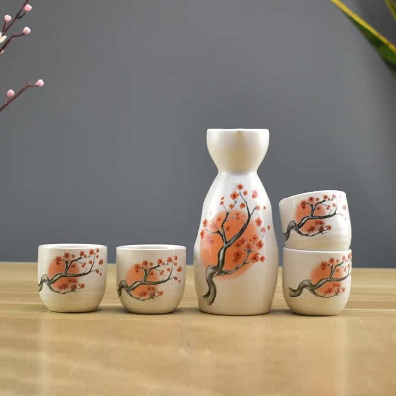 1 Set Japanese Style Sake Wineware Porcelain Underglaze Color Hand-painted Wine Dispenser Ceramic Flagon Liquor Spirits Cups Set