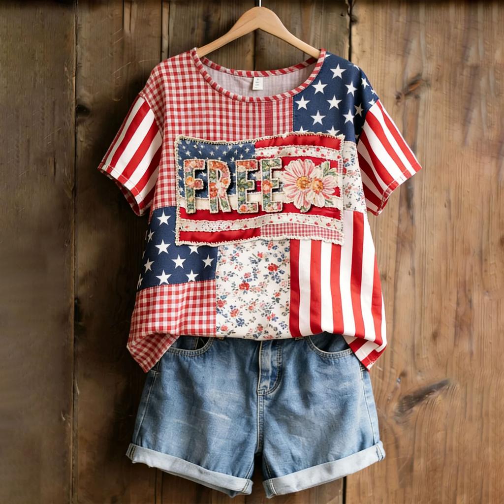 Women's American Floral Patchwork Print Casual T-Shirt 250Th Anniversary USA Shirt Patriotic Tshirt