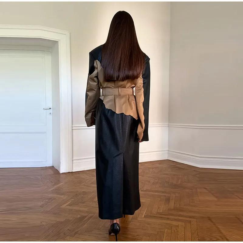 Contrast Leather Long Women Jacket Lace Up Lapel Long Sleeve Female Maxi Pu Jackets Autumn Winter Street Pocket Lady Coat