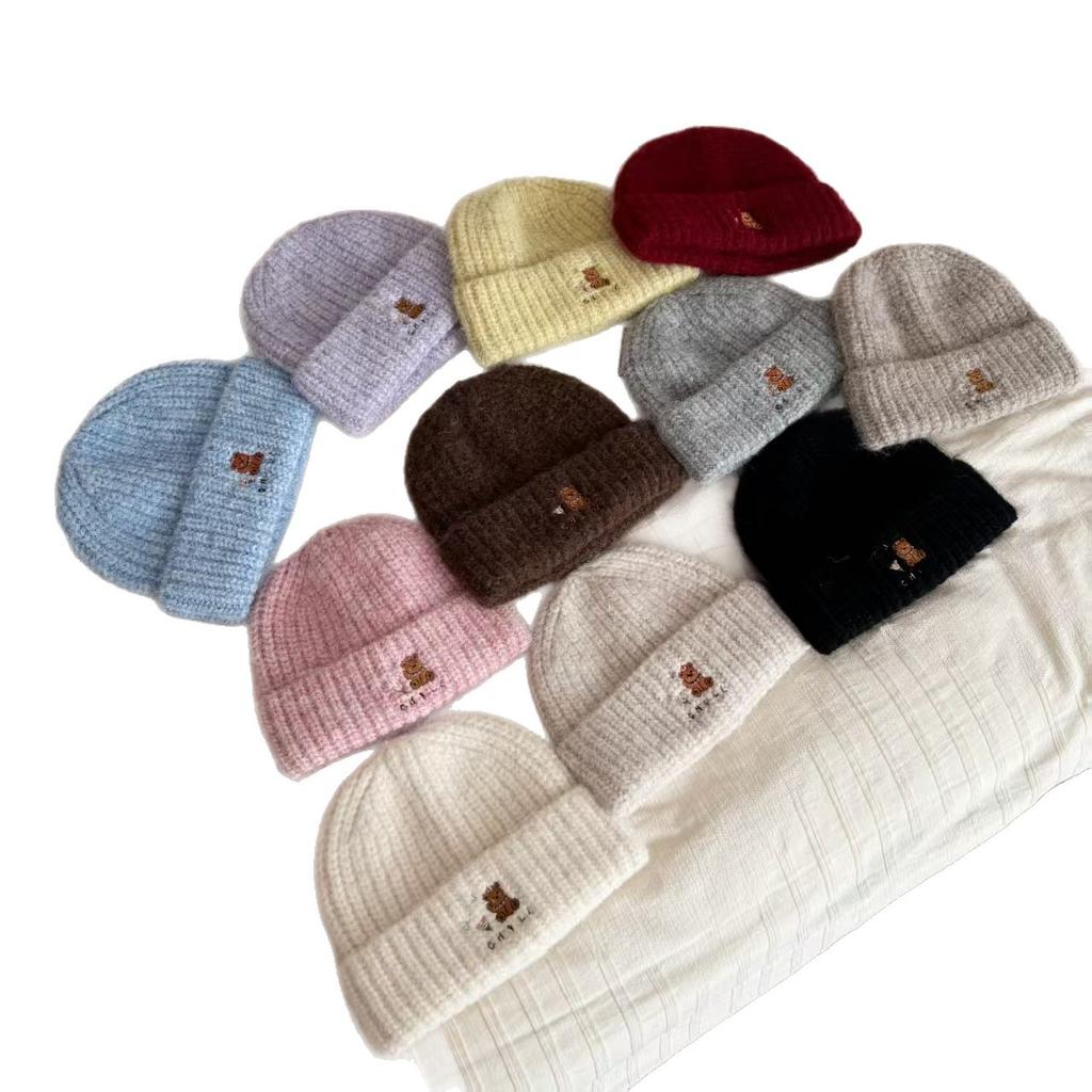 Cute bear embroidered knitted hat women's autumn and winter thickened thermal ear protection hat showing face small cold hat wool hat