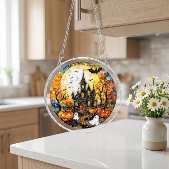 Yousheng Acrylic Puzzle Suncatcher, Halloween Black Cat Castle Raven DIY Sun Catcher Kit, Stained Glass Window Hanging Ornament for Home, Garden