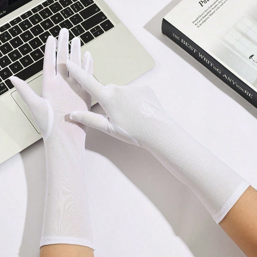 

Women s Spring and Summer Long Embroidered Elastic Milk Silk Gloves, Travel, Driving and Cycling Sunscreen Gloves білий