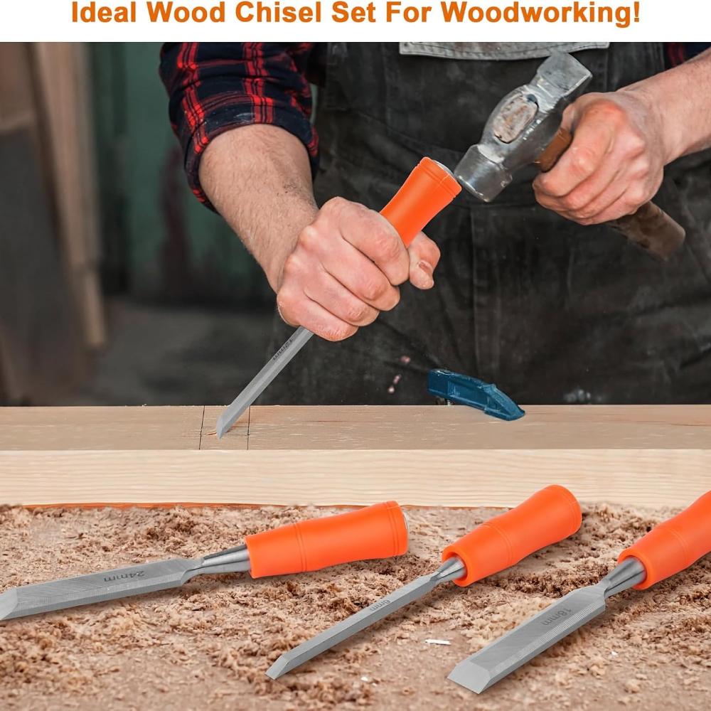 4 Piece Wood Chisel Set with Steel Hammer End Ergonomic Plastic Handle 6mm 12mm 18mm 24mm Woodworking Tools
