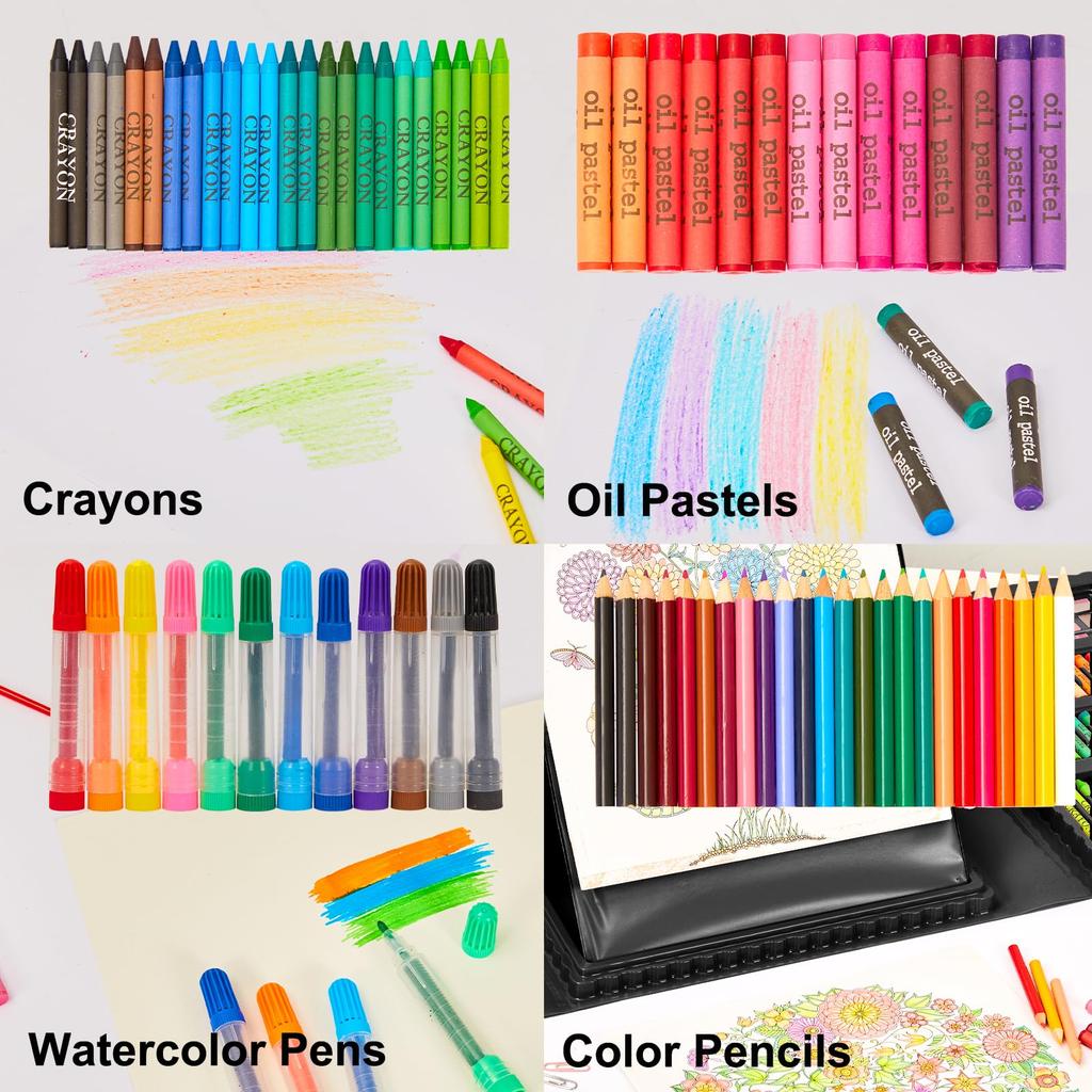 KINSPORY 290-Piece Kids Art Set with Dual-Sided Easel, Colored Pencils/Markers/Crayons/Watercolors, W150, Black