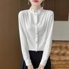 2025 Women's Merino Wool Knit Shirt with Wood Ear Lace Collar and Semi-High Neck