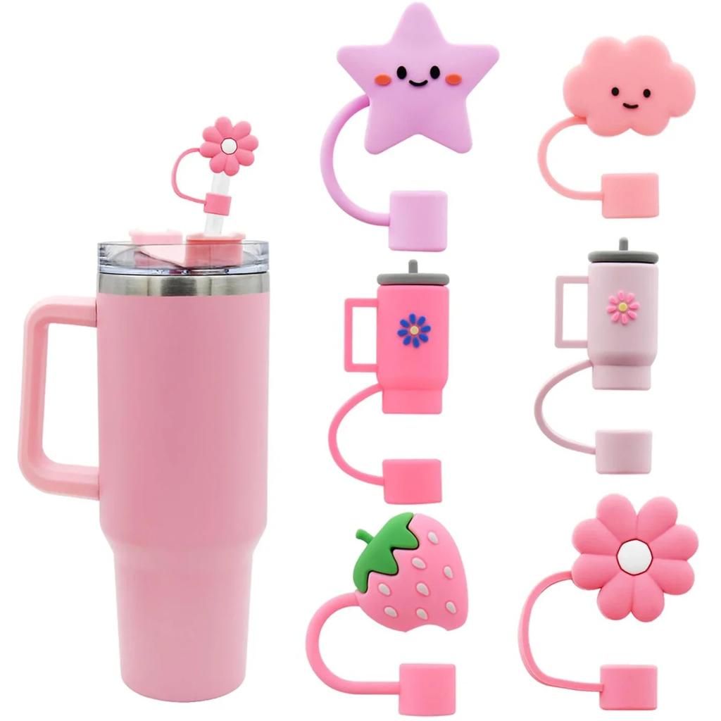 6PCS Straw Cover Cap For Stanley Cup Accessories Cute Flower Straw Toppers For Tumblers 10mm Silicone Straw Covers