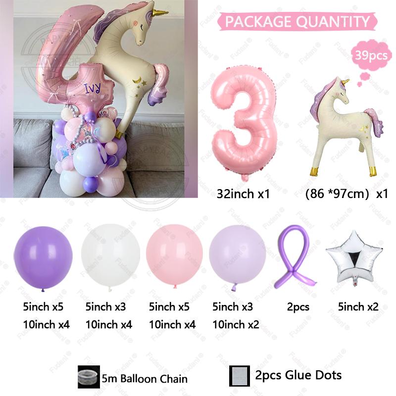 39pcs Cartoon Unicorn Balloon Pink Numbers 1-9 Birthday Balloon Set Cartoon Animal Theme Party Decoration Photo Background