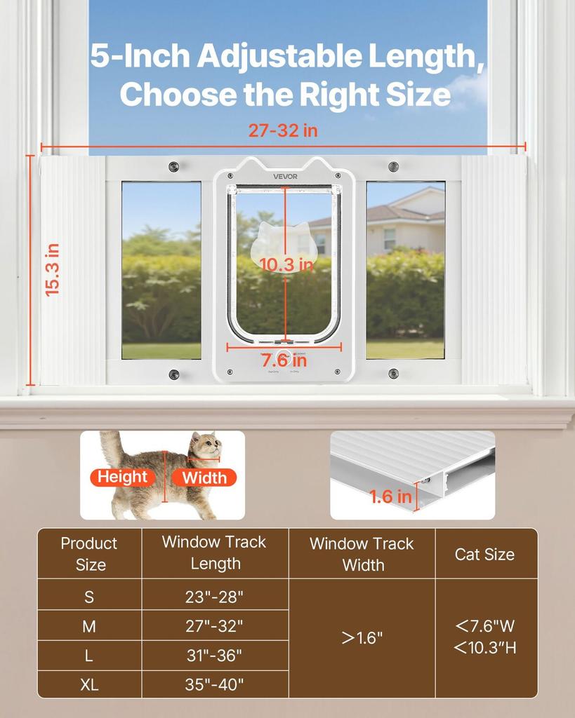 Cat Door for Window, Adjustable To Fit Window Width 686-813 Mm, 4 Secure Lock Modes, Aluminum Frame and High-Transparency Glass, Magnetic Closure,