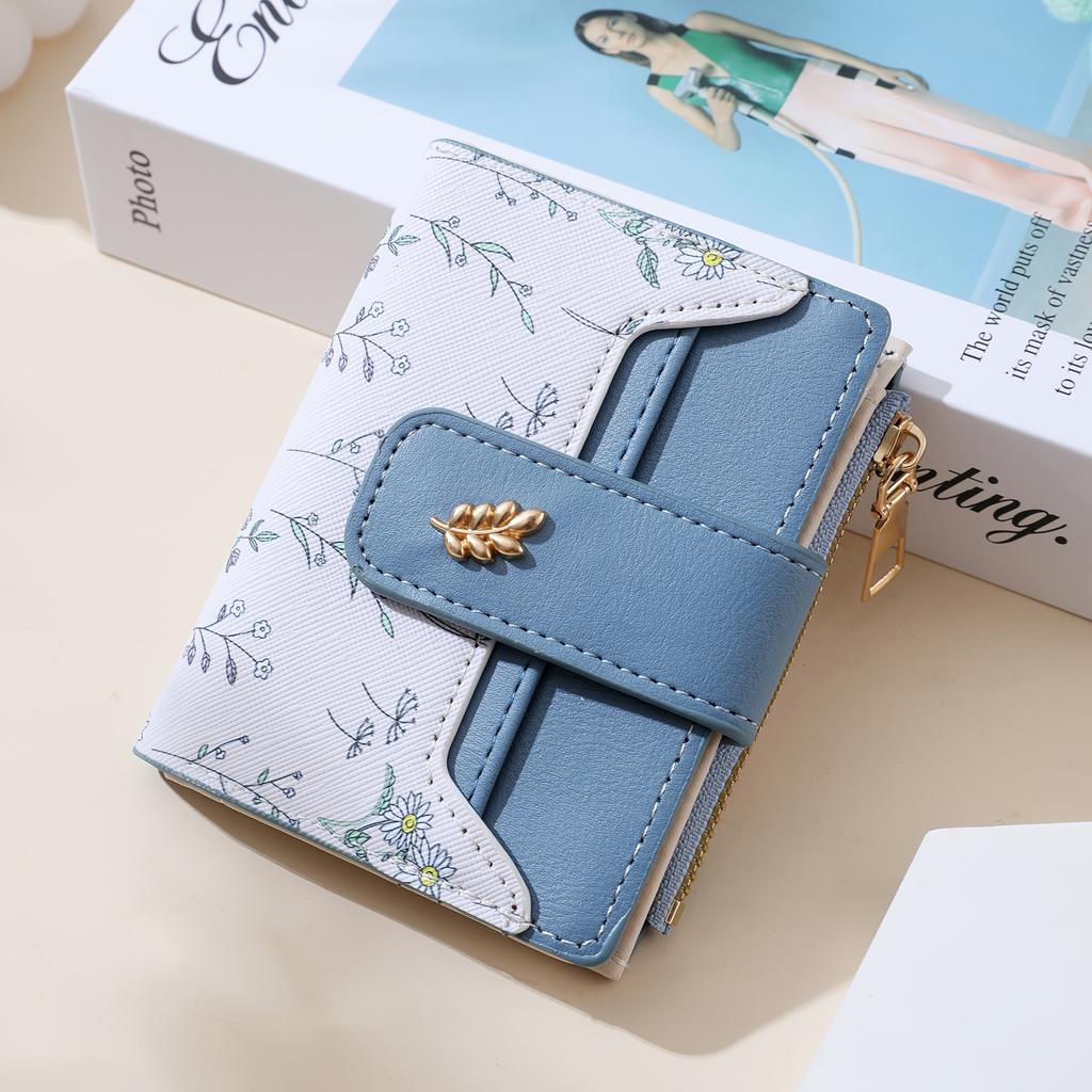 Cute Fashion Women’s Wrist Clutch Wallet, Golden Floral Embossed PU Leather Bi-fold with Snap, Coin Purse & Keyring