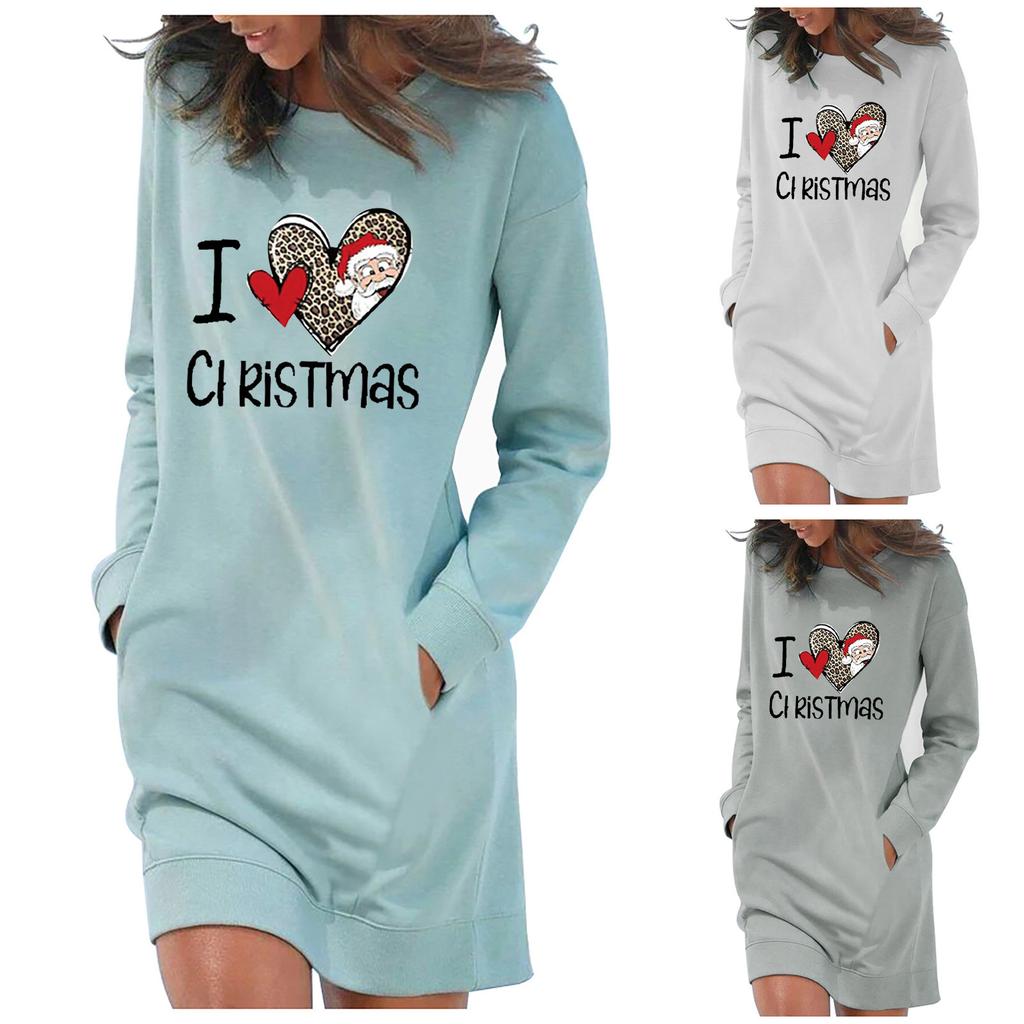 Women's Casual Solid Color Long Sleeve Round Neck Pocket Dress Merry Christmas
