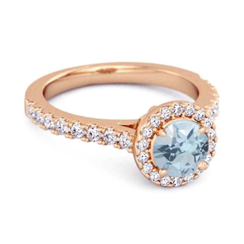 Blue Topaz Round Halo Accents Ring - Sterling Silver Rose Gold Vermeil