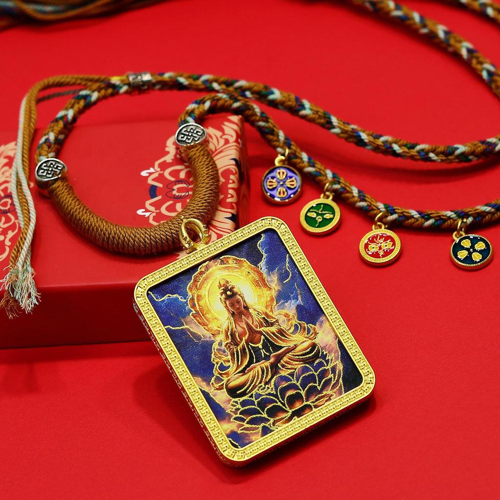 Hand-Painted Tibetan Thangka Amulet Necklace: Zodiac Eight Protectors - Acala, Amoghasiddhi, Vairocana Buddha