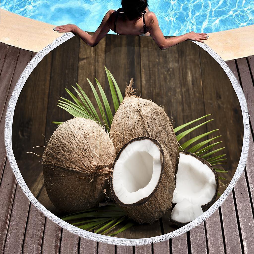 Hawaii Tropical Fruit Coconut Round Beach Towel with Tassels, Microfiber Quick Dry Absorbent Pool Towel Sand Free Beach Blanket