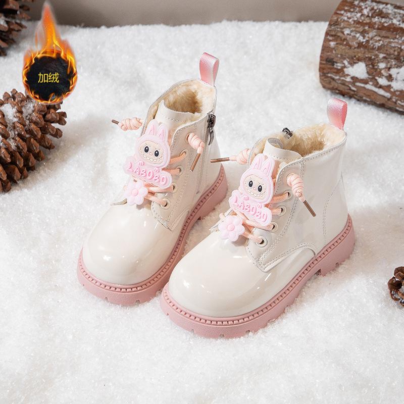 Girls' Martin Boots with Side Zipper, Autumn/Winter Labubu Princess Style Mid-Calf Boots, Shiny Leather, Waterproof, Soft Sole, Fashion Shoes for